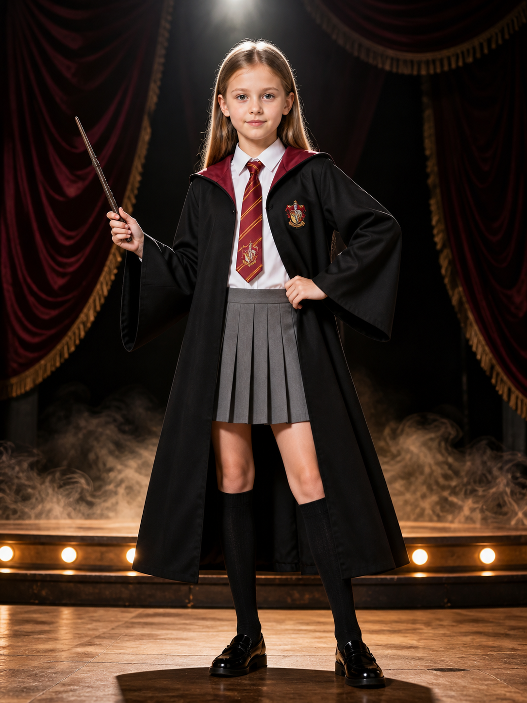 Wizard Academy Costume Set with Hooded Robe, Shirt, Pleated Skirt, Tie and Wand Costume Accessories detail 3