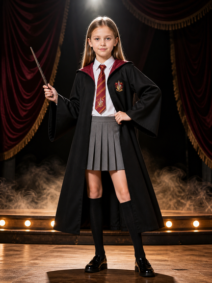 Wizard Academy Costume Set with Hooded Robe, Shirt, Pleated Skirt, Tie and Wand Costume Accessories detail 3