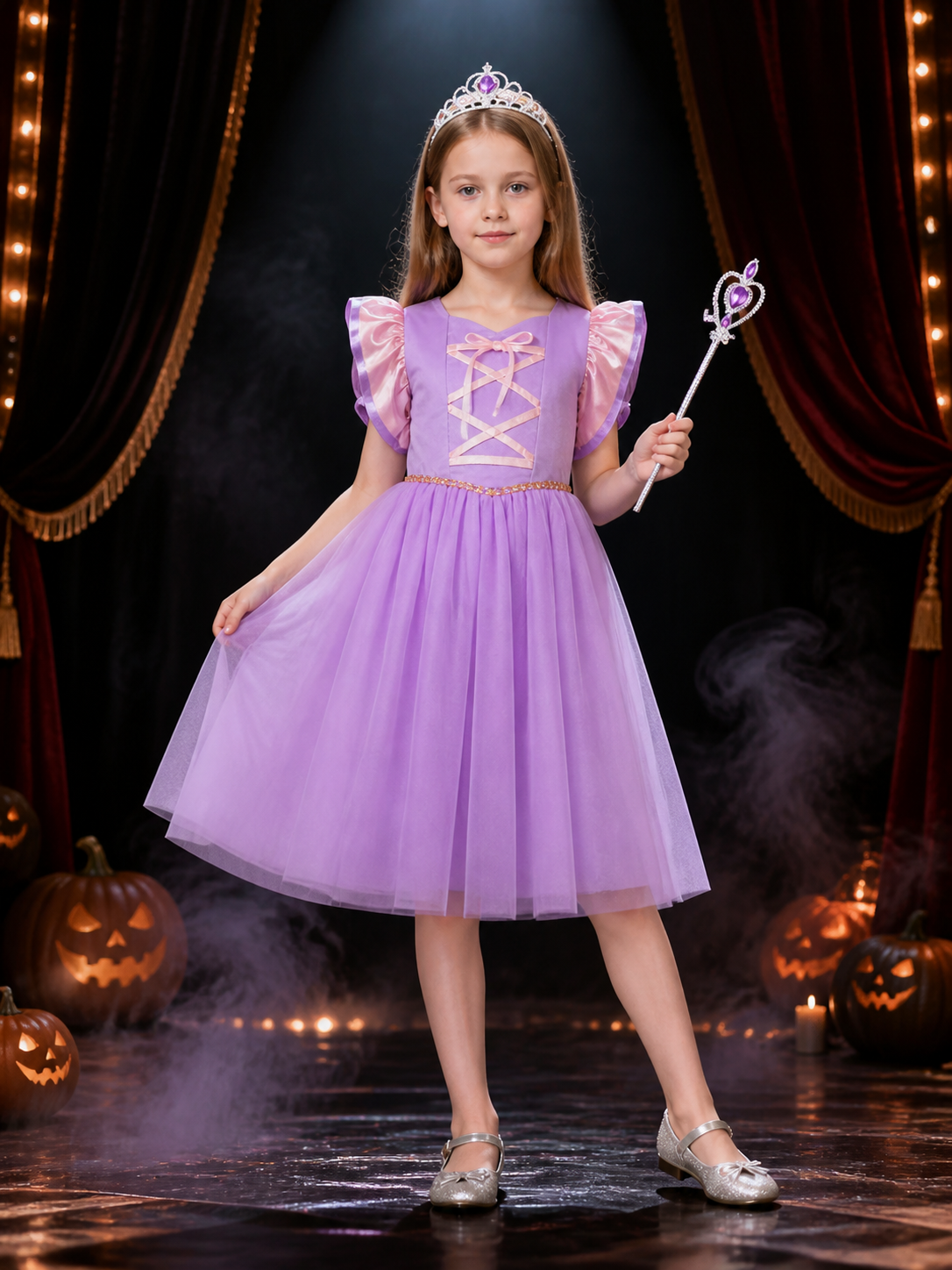 Girls Sofia Princess Purple Tutu Dress with Puff Sleeves and Cross Lace-Up Costume Dresses detail 3
