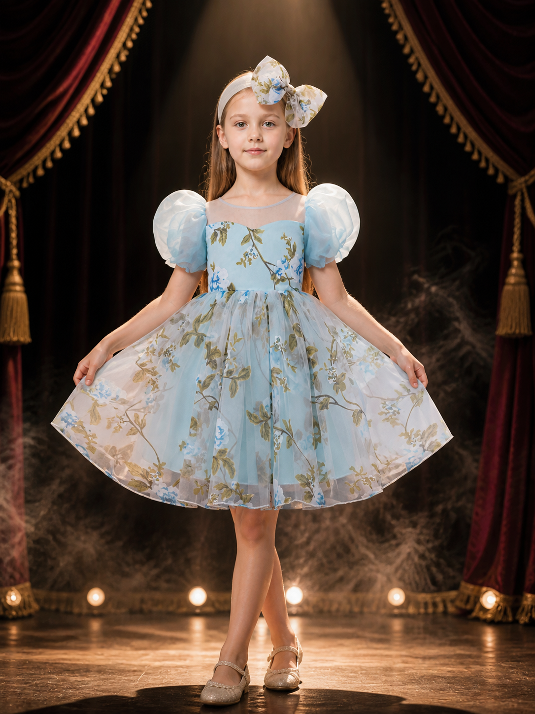 Girls' Floral Princess Party Dress With Puff Sleeves, Tulle Skirt & Bow Headband Costume Dresses detail 3