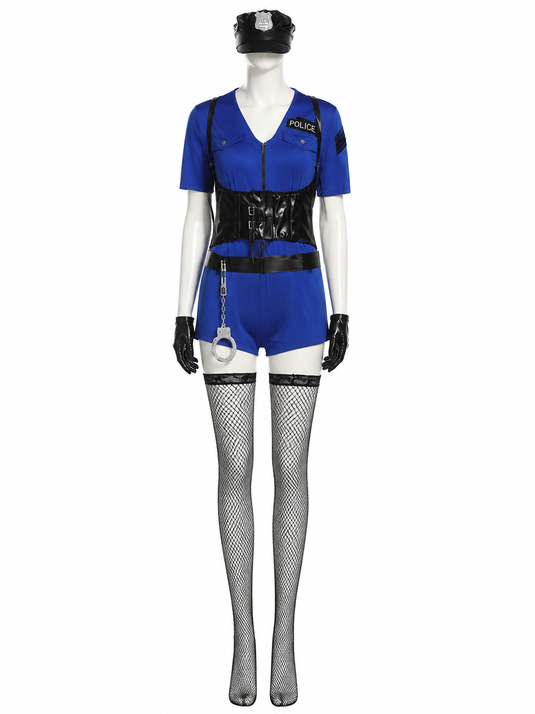 Women's Blue Police Officer Costume Set with Hat, Gloves, Handcuffs, and Costume Headwear detail 3
