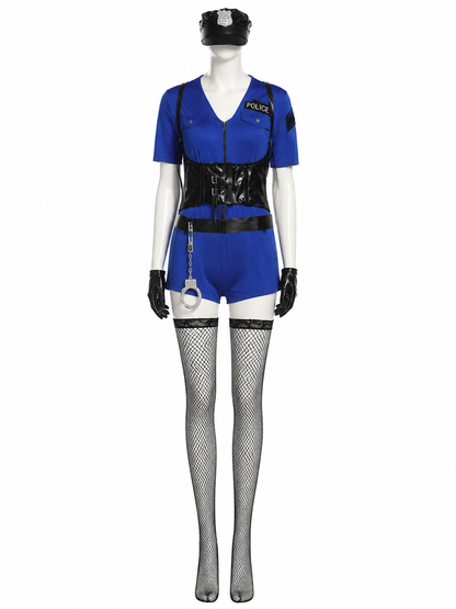 Women's Blue Police Officer Costume Set with Hat, Gloves, Handcuffs, and Costume Headwear detail 3