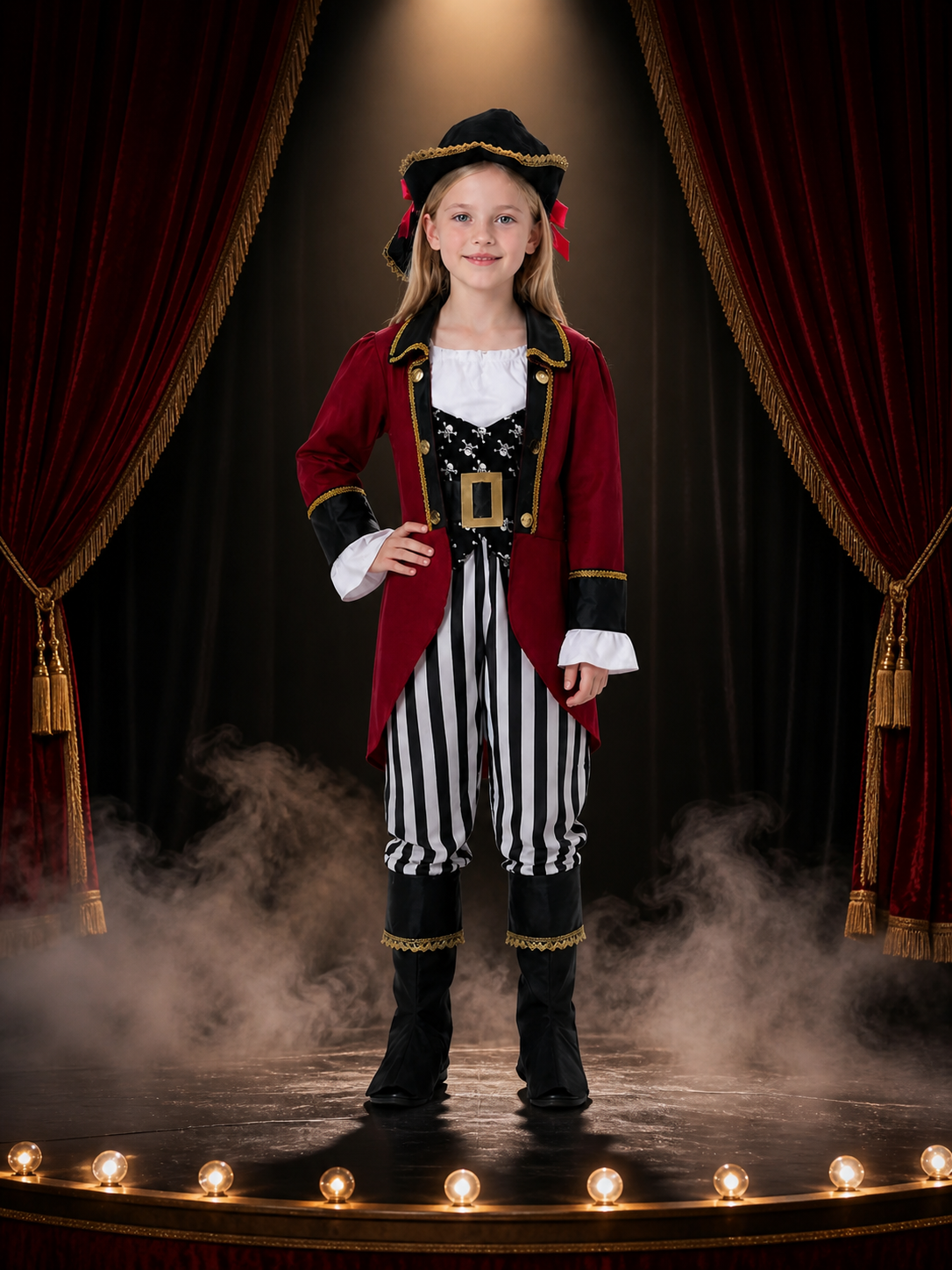 Kids Pirate Costume Set - Burgundy Coat with Gold Trim, Skull Print & Pirate Hat Costume Headwear detail 3