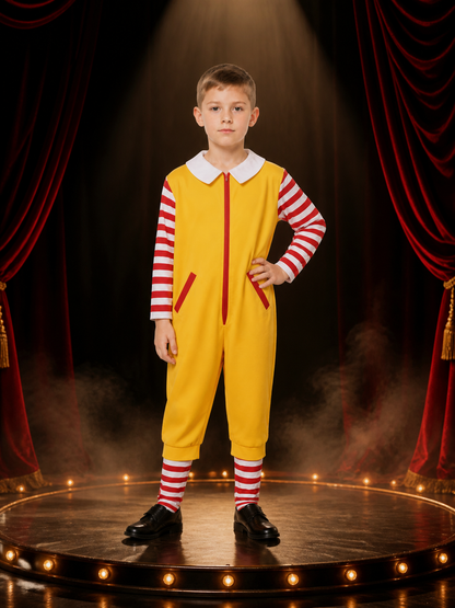 Clown Jumpsuit Costume, Red White and Yellow Striped Halloween Cosplay Outfit Costumes detail 3
