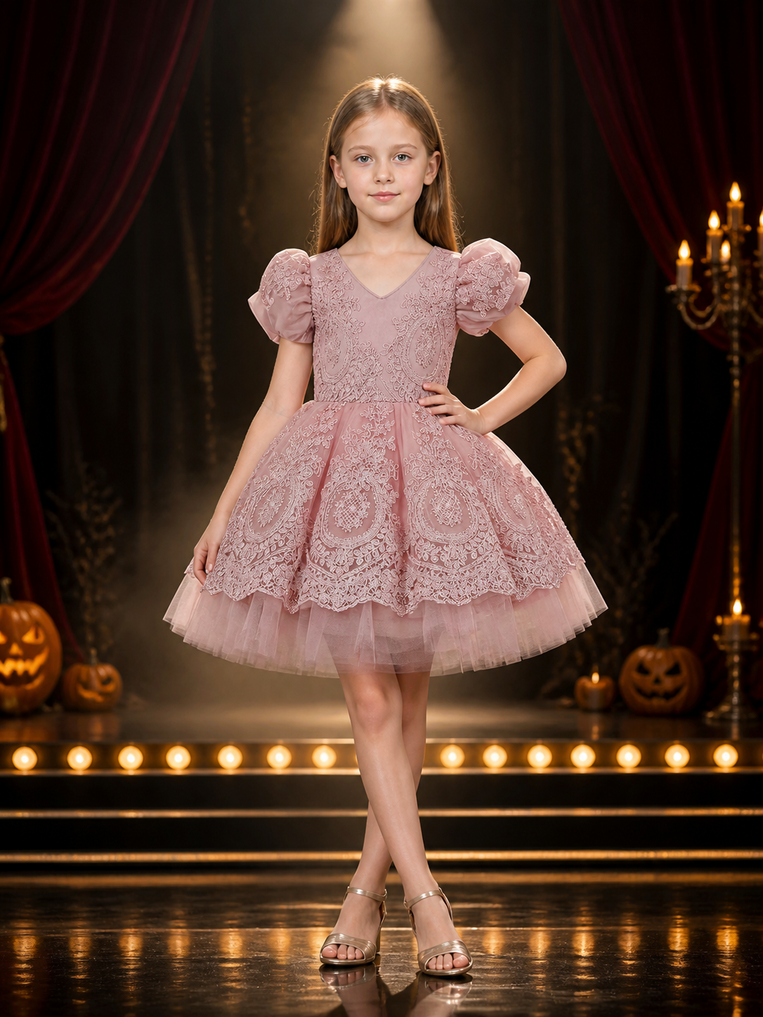 Toddler Girls' Dusty Pink Princess Dress, Embroidered Puff Sleeve Layered Tulle Costume Dresses detail 3