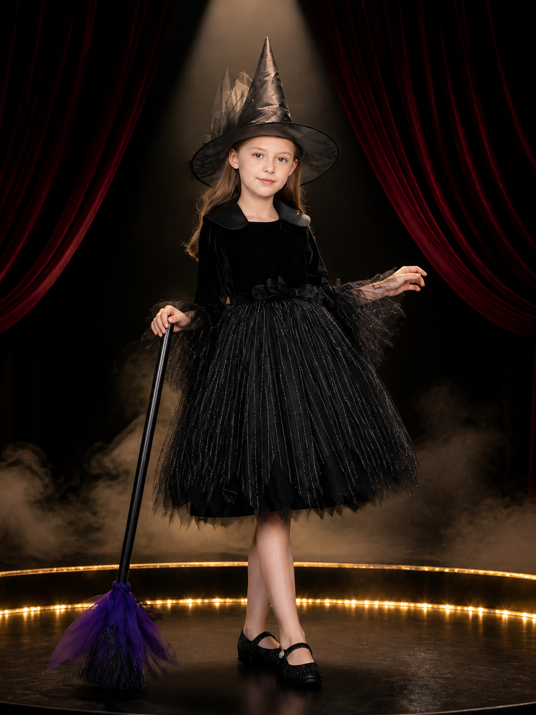 Women's Witch Costume Dress, Black Long Sleeve Layered Halloween Outfit Costume Dresses detail 3