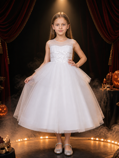 Girls' White Princess Dress, Sleeveless Layered Tulle Floor-Length Gown