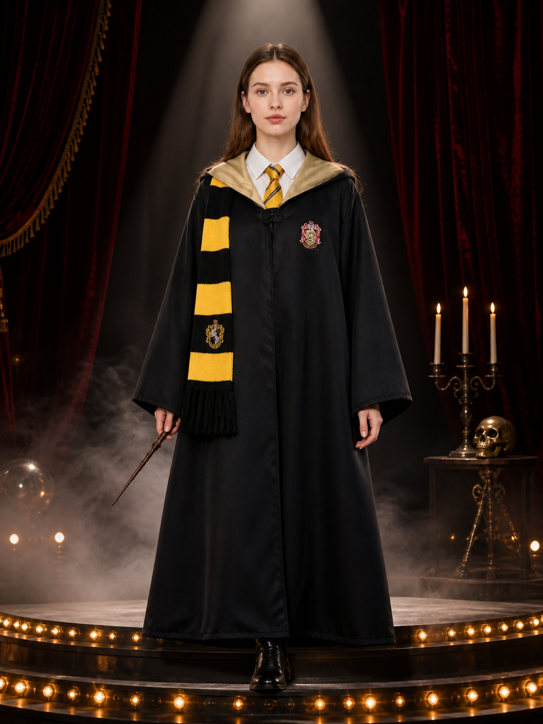 Wizard Cosplay Costume Set - Yellow and Black Hooded Robe, Tie & Scarf Costumes detail 3