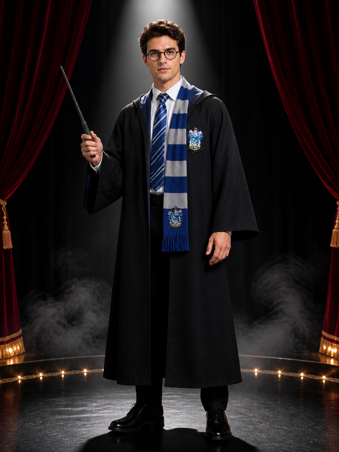 Ravenclaw Wizard Robe Costume Set with Tie, Scarf, Wand and Round Glasses Costume Accessories detail 3
