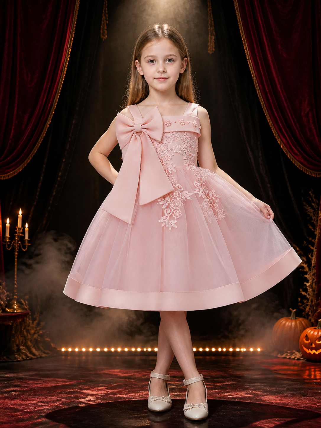 Girls' Princess Party Dress, Layered Tulle Skirt with Bow and Lace Embroidery Costume Dresses detail 3