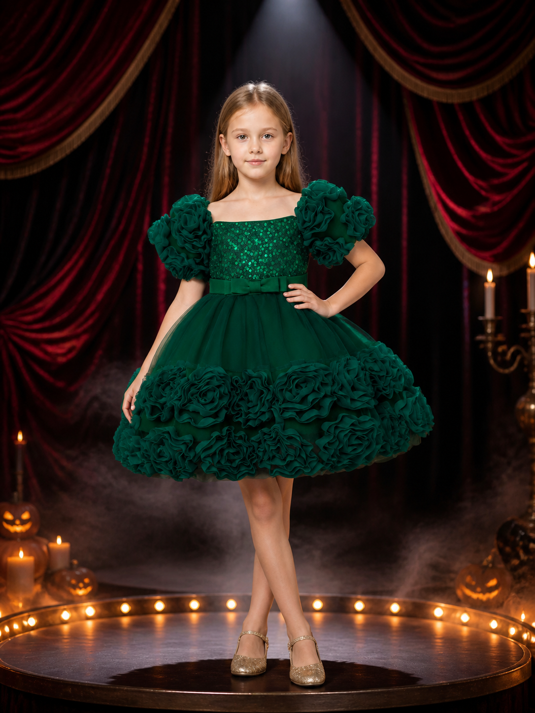 Baby Girls' Dark Green Sequined Princess Dress With Puff Sleeves and Ruffle Trim