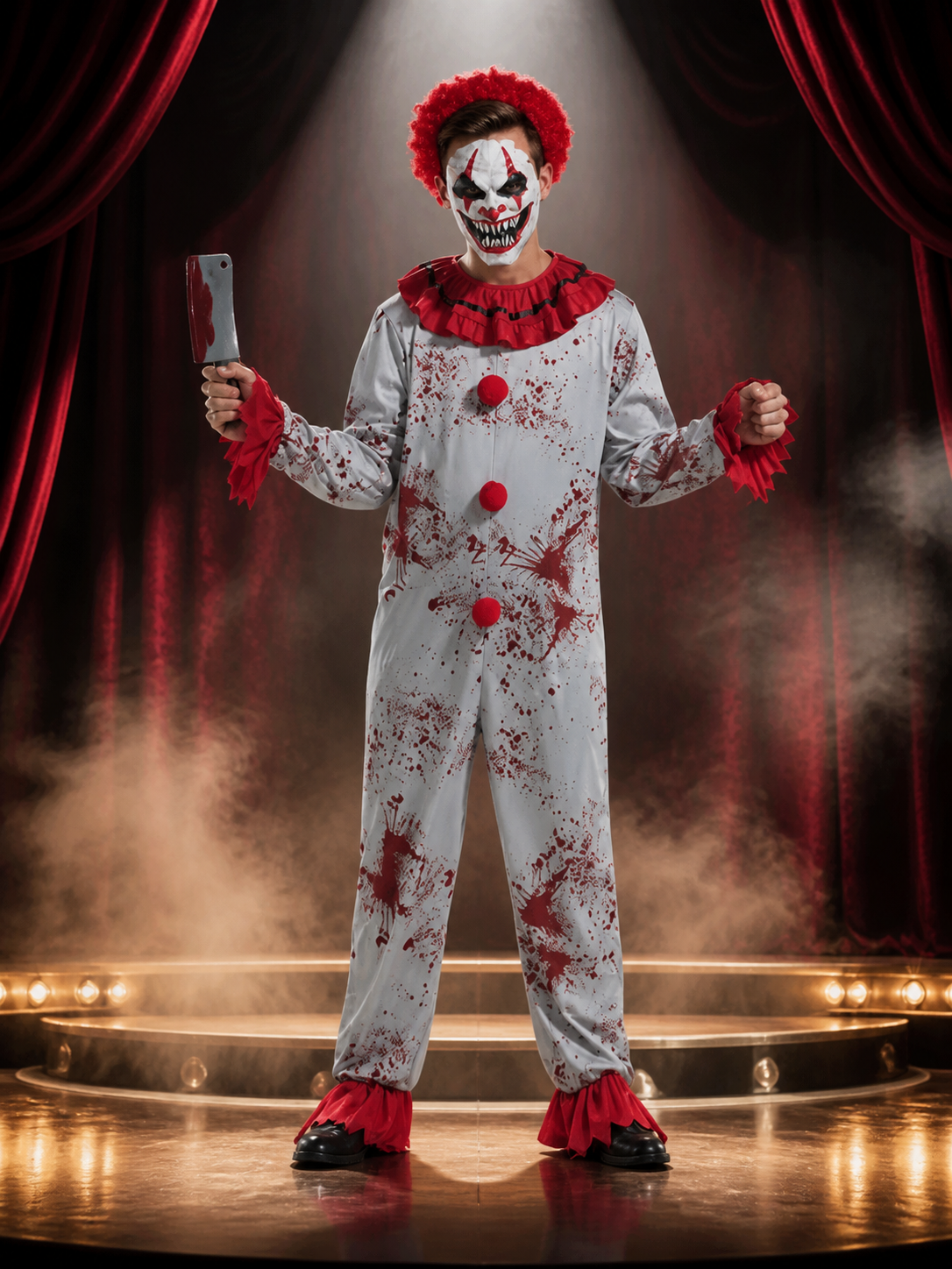 Scary Clown Bodysuit Costume with Blood Stains, Mask and Accessories for Costume Masks detail 3