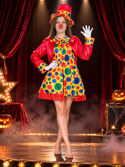 Adult Clown Costume with Dress, Hat, and Cape