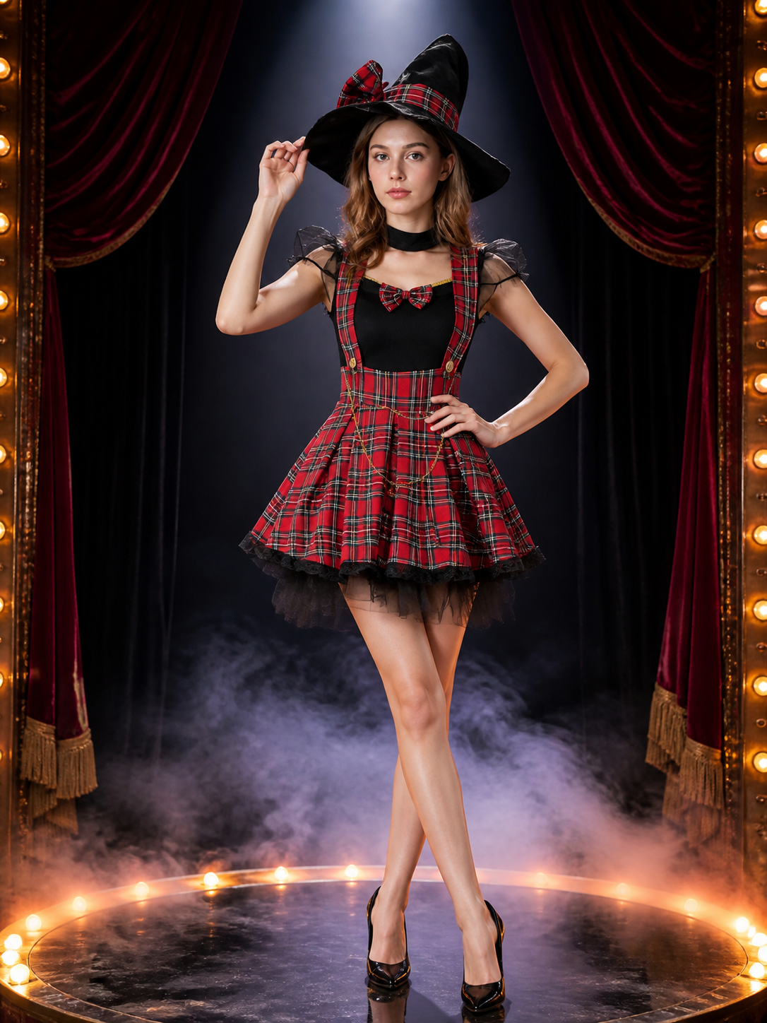 Women's Red Black Plaid Witch Dress Costume Set with Hat Costume Dresses detail 3