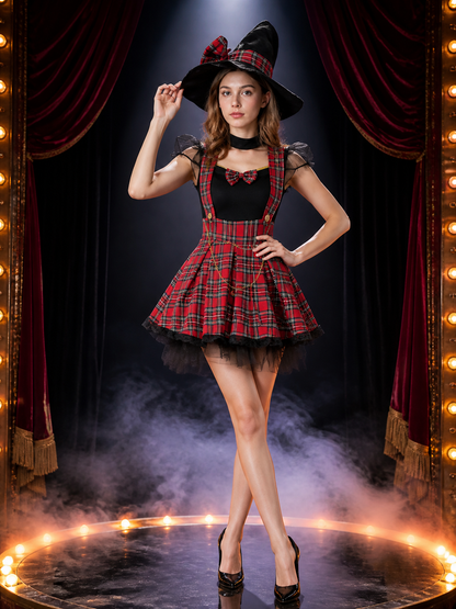 Women's Red Black Plaid Witch Dress Costume Set with Hat Costume Dresses detail 3