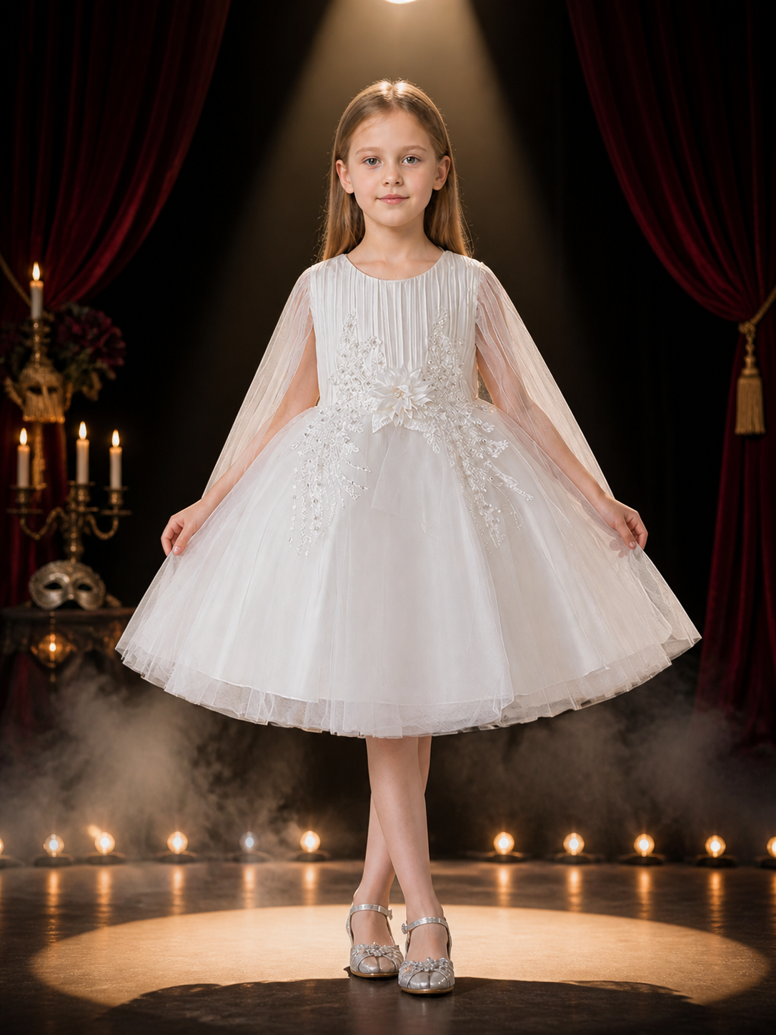 Girls' White Princess Dress, Long Sleeve Tulle Flower Girl Party Outfit Costume Dresses detail 3