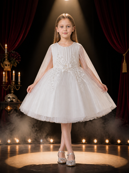 Girls' White Princess Dress, Long Sleeve Tulle Flower Girl Party Outfit Costume Dresses detail 3