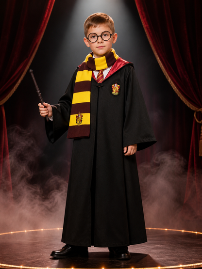 Wizard Robe Halloween Costume Set, Hooded Cape with School Crest, Scarf, Tie