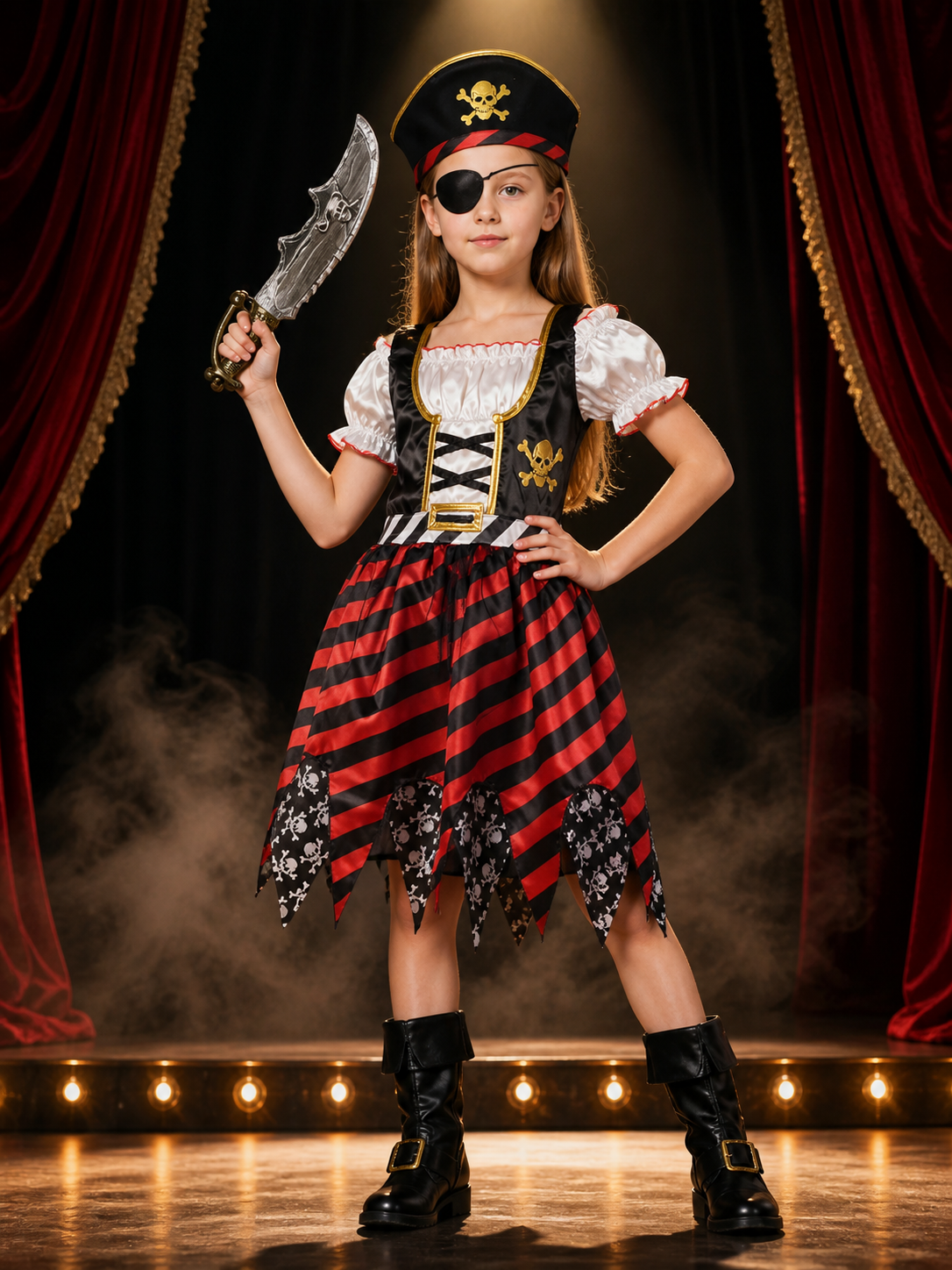 Kids Pirate Costume Dress Set with Hat, Sword & Eye Patch, Red Black Striped Costume Dresses detail 3