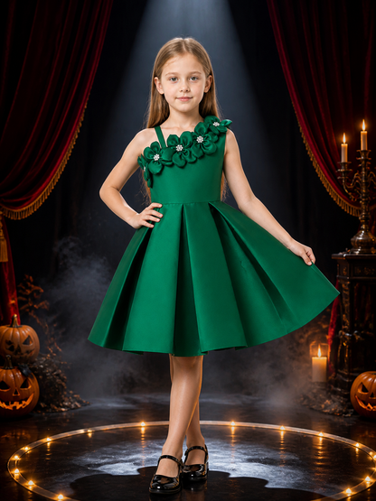 Girls' Dark Green Princess Dress, One-Shoulder 3D Floral Full-Skirt Design Costume Dresses detail 3