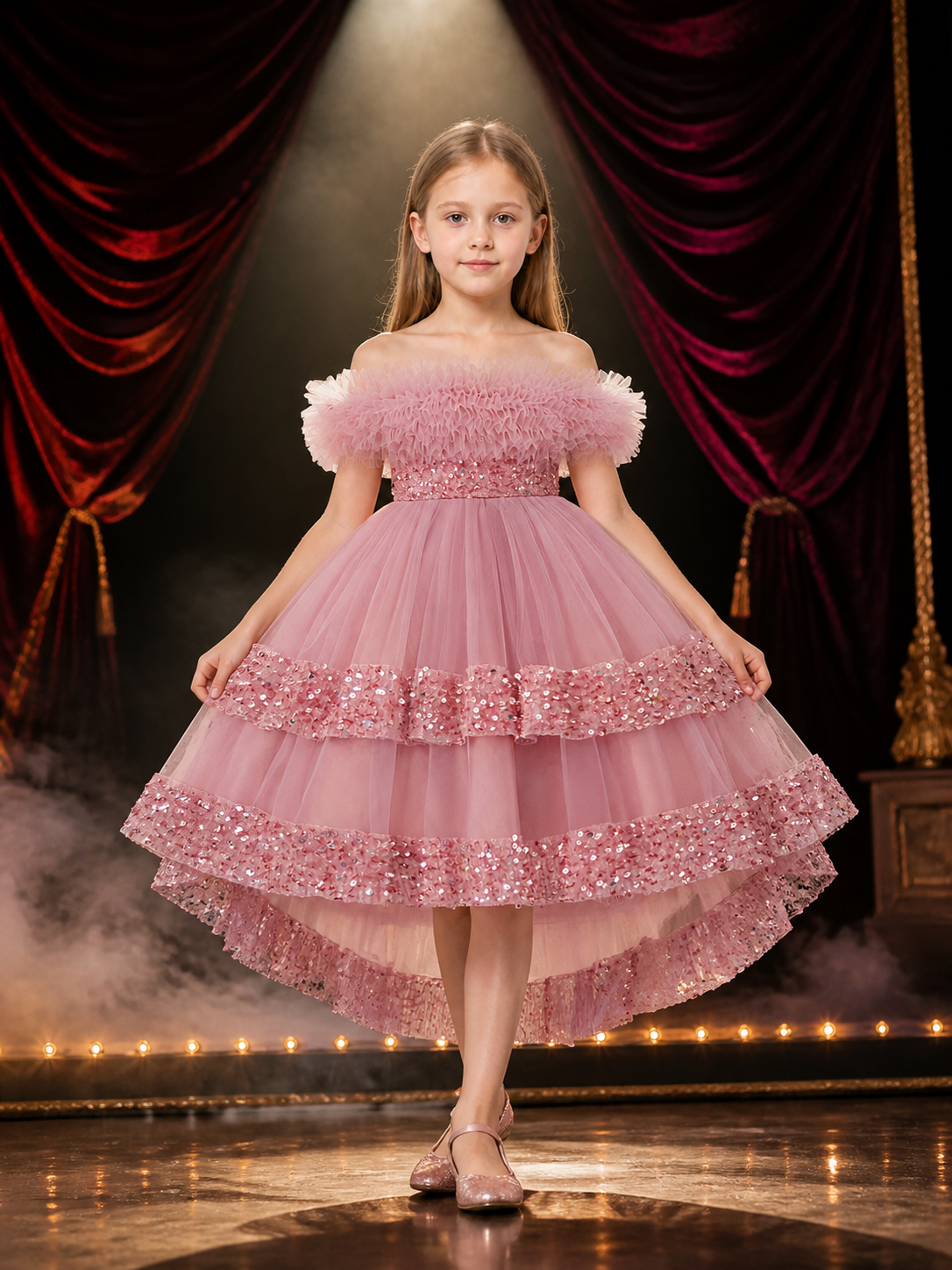 Girls' Princess Tulle Dress with Sequin Waistband and Layered Tutu Skirt
