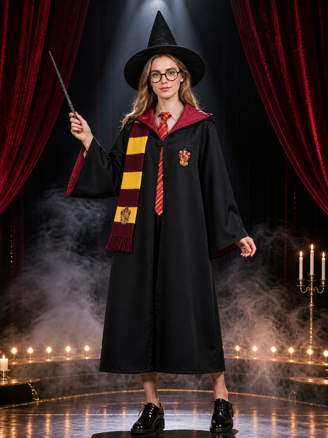 Red and Yellow Striped Wizard Robe Costume Set with Hat, Tie, Scarf, Glasses and Costume Headwear detail 3