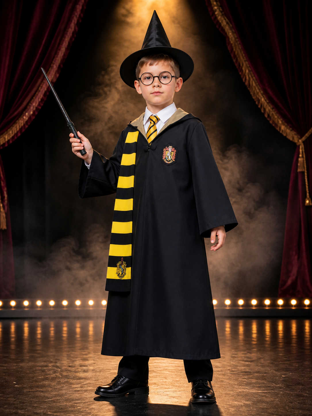 Wizard Costume Set, Hooded Robe With Shirt, Tie, Scarf, Hat, Glasses And Wand Costume Headwear detail 3