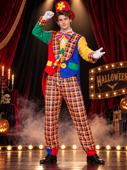 Adult Clown Costume Multicolor Plaid with Bow