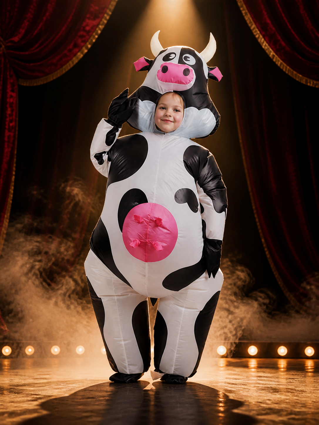 Kids Inflatable Cow Costume Bodysuit with Horned Hood, Black and White Spotted Costumes detail 3