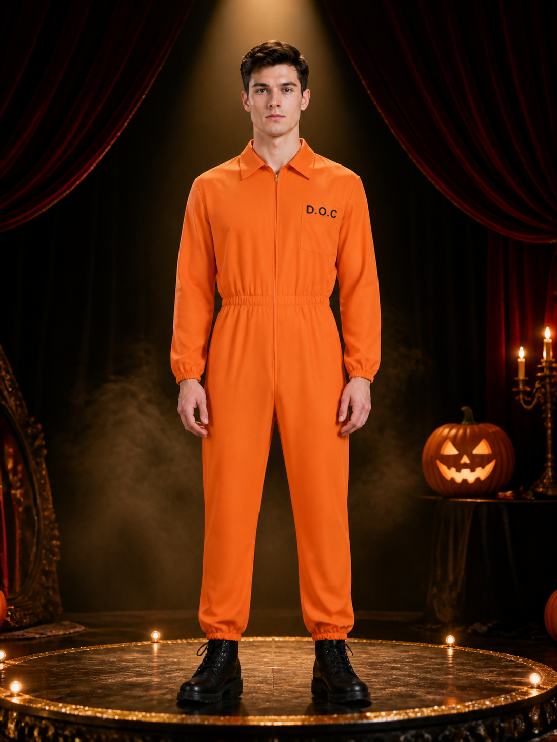 Prisoner Jumpsuit Costume for Adults, Orange DOC Print Long Sleeve Jail Outfit Costumes detail 3
