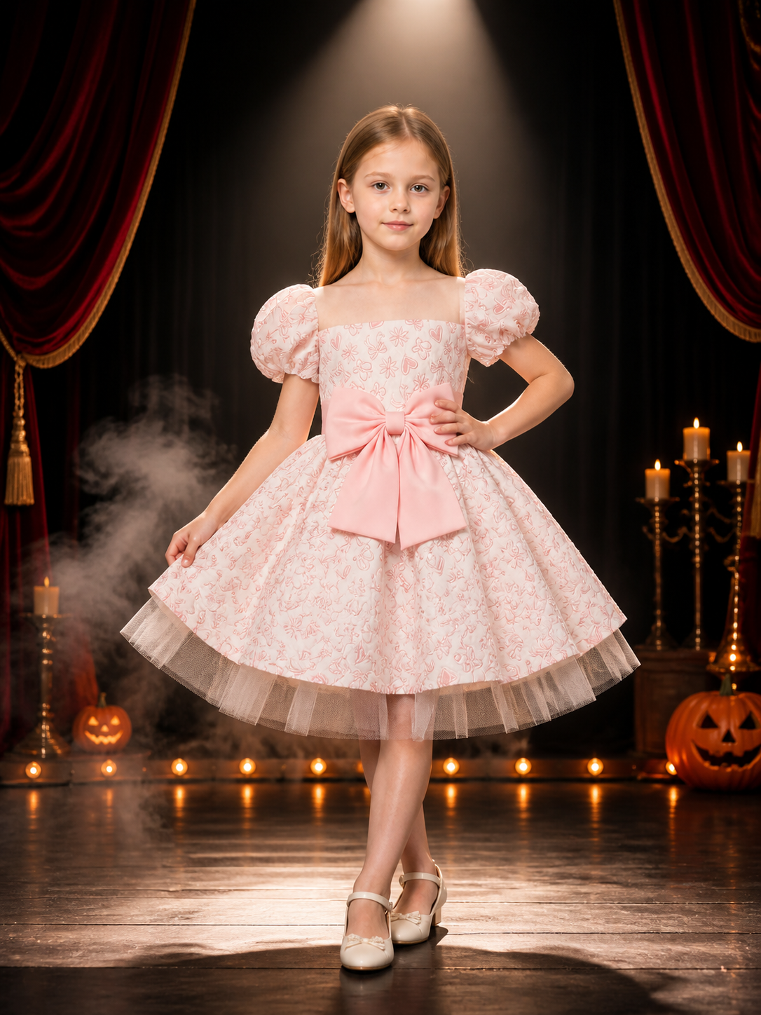 Toddler Girls' Princess Dress with Puff Sleeves, Bow and Heart Flower Embroidery Costume Dresses detail 3