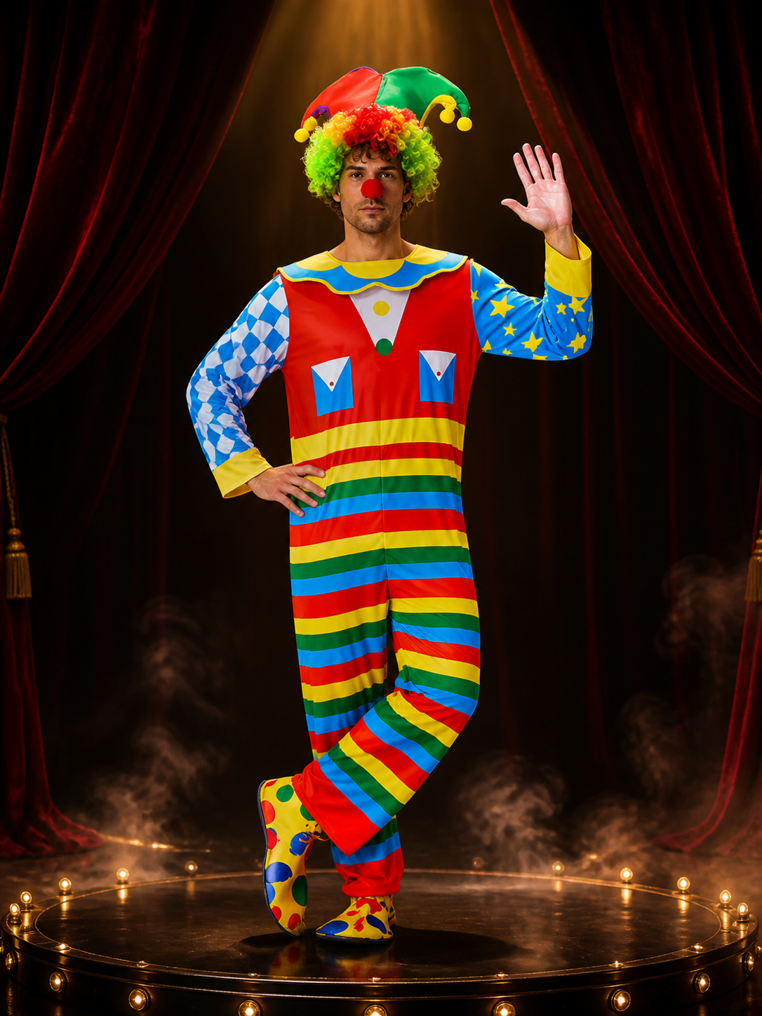 Unisex Halloween Joker Costume Jumpsuit with Hat, Multicolor Striped Clown Costume Headwear detail 3
