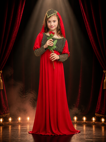 Red Princess Costume Dress with Black Gold Pattern and Headpiece, Long Sleeve