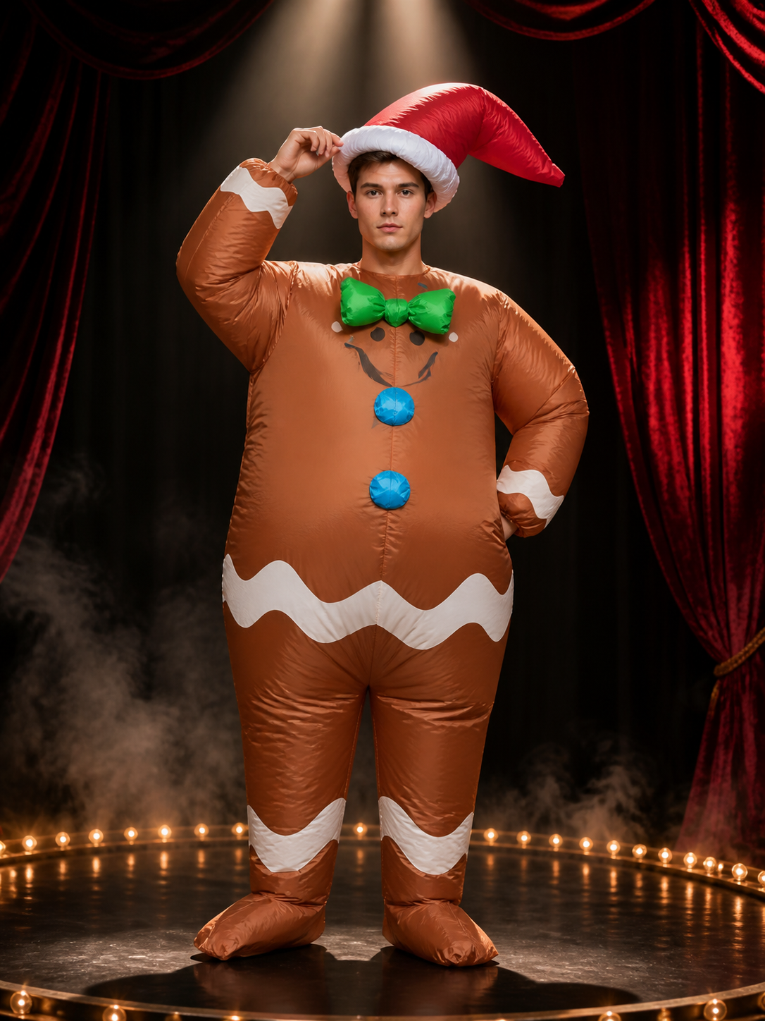 Adult Inflatable Gingerbread Man Costume with Santa Hat and Bow Tie, Funny Costume Headwear detail 3
