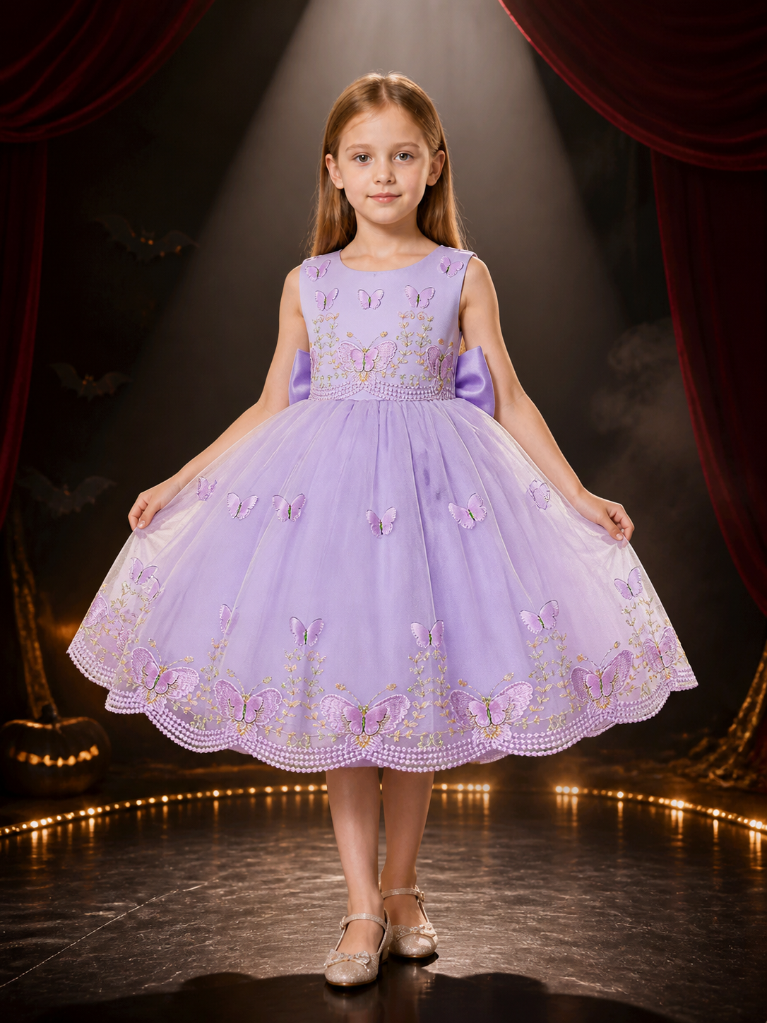Girls' Lavender Princess Dress with Butterfly Embroidery and Bow Details Costume Dresses detail 3