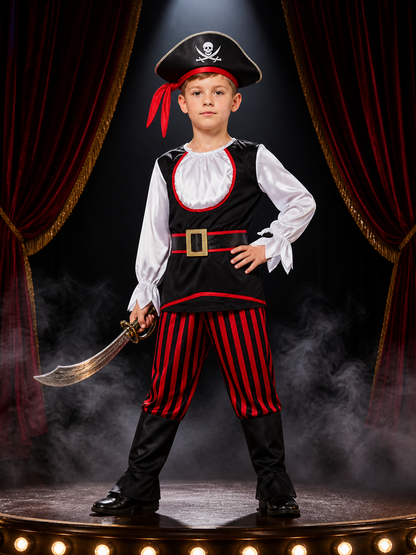 Boys Pirate Costume Set with Skull Hat and Belt - Halloween Cosplay Outfit Costume Headwear detail 3