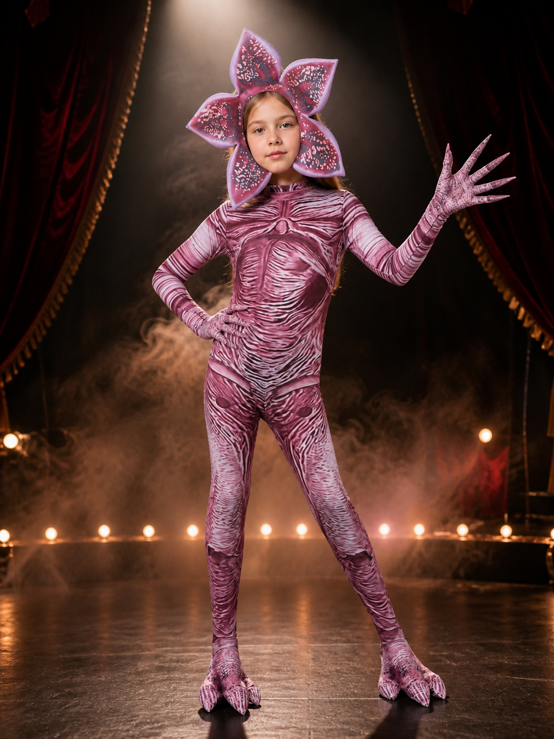 Unisex Halloween Carnivorous Plant Bodysuit Costume Set with Headpiece and Claws on-model stage scene view