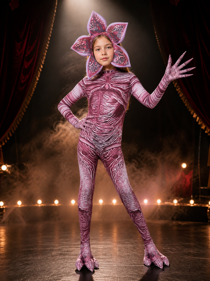 Unisex Halloween Carnivorous Plant Bodysuit Costume Set with Headpiece and Claws on-model stage scene view