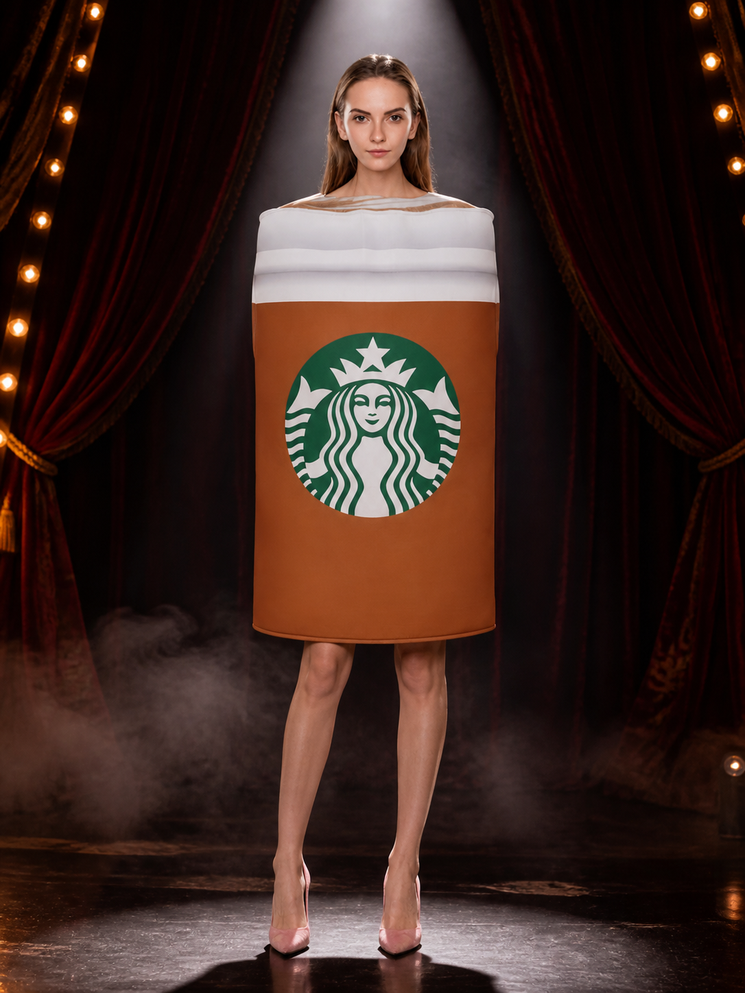 Funny Coffee Cup Drink Costume Jumpsuit, Brown, White & Green Cosplay Outfit Costumes detail 3