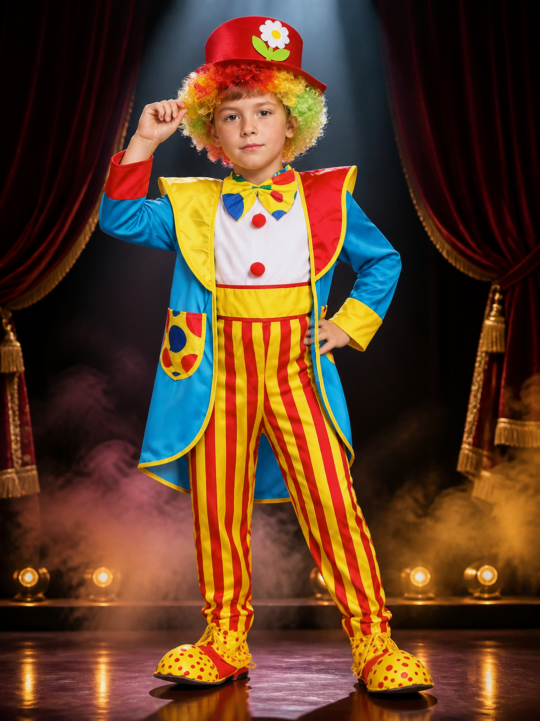 Boys Colorful Clown Circus Costume Set with Striped Jumpsuit, Jacket, Bow Tie Costume Accessories detail 3