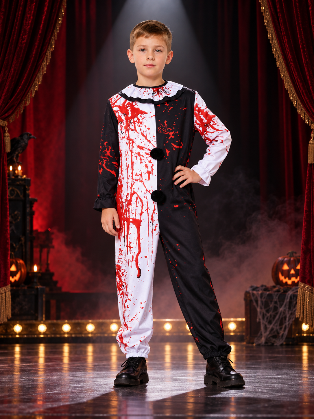 Black-and-white clown costume with red stains and pom-poms