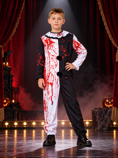 Black-and-white clown costume with red stains and pom-poms