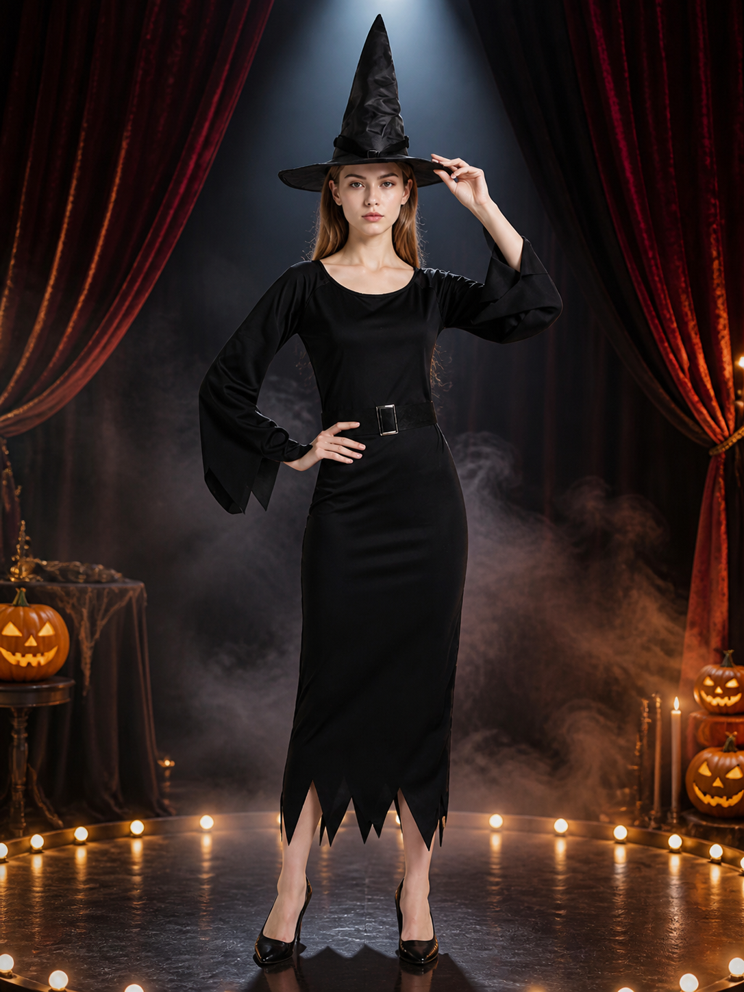 Black Witch Costume with Hat for Halloween Costume Headwear detail 3
