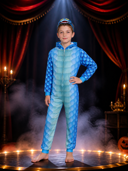 Blue Scaly Monster Hooded Onesie Costume for Kids with Front Zipper and Headband on-model stage scene view