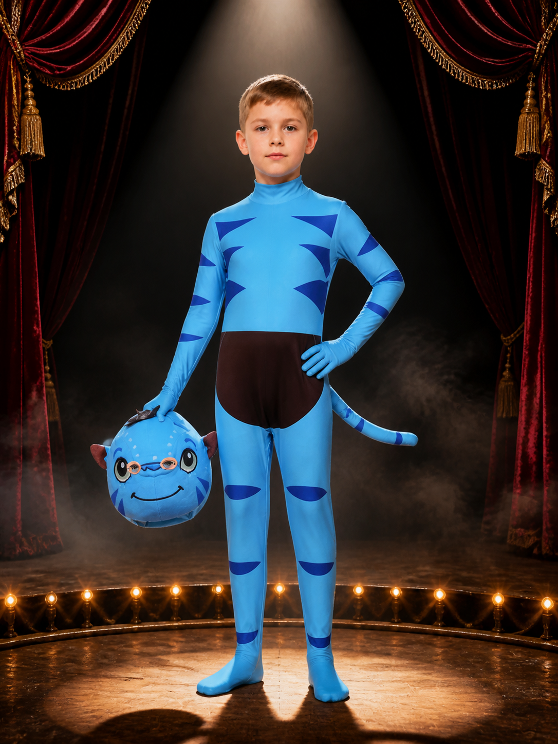 Kids Blue Alien Jumpsuit Costume With Alien Headpiece and Tail Costume Headwear detail 2