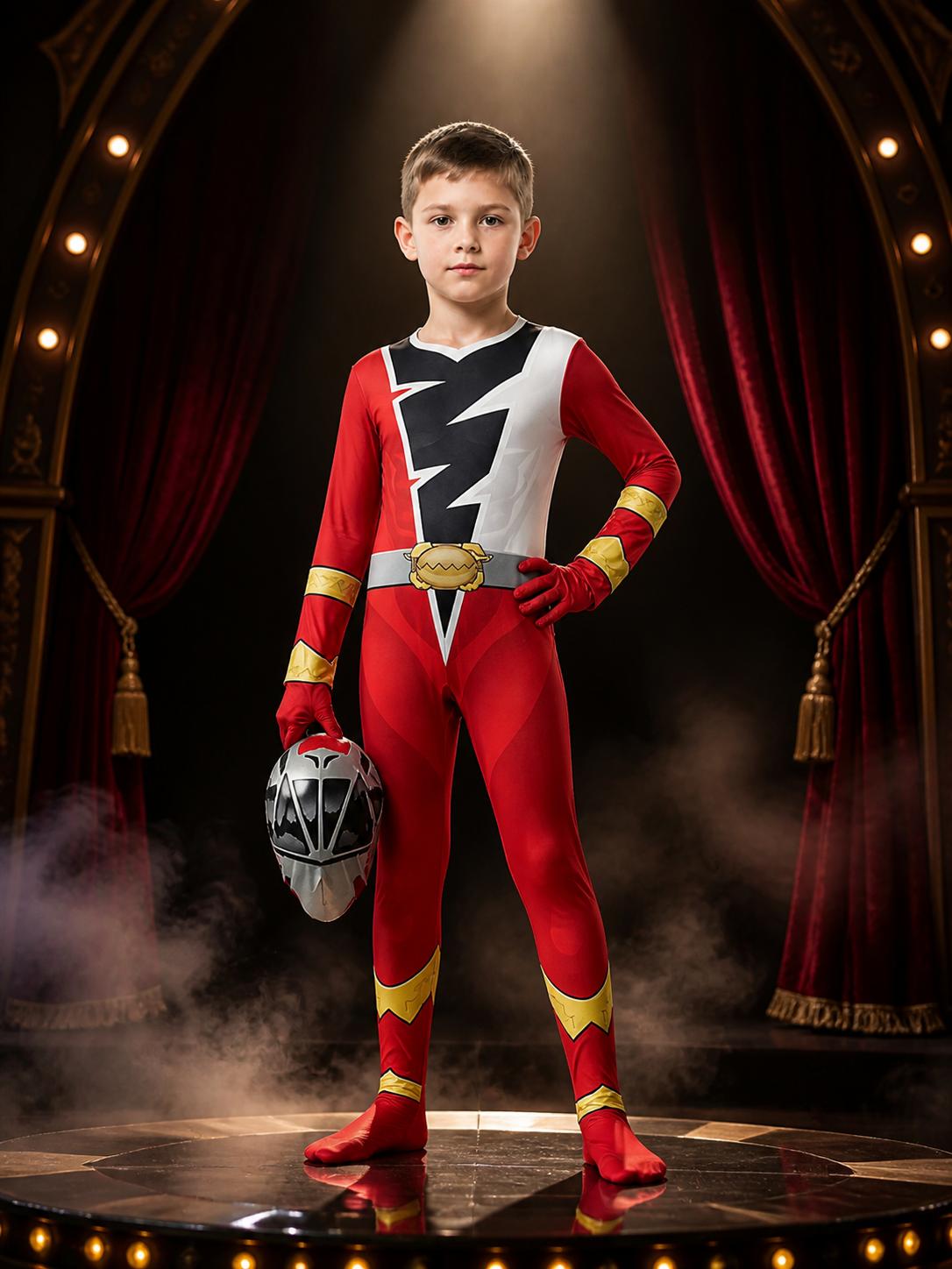 Red Ranger Cosplay Bodysuit Costume with Mask for Halloween, Kids & Adults on-model stage scene view