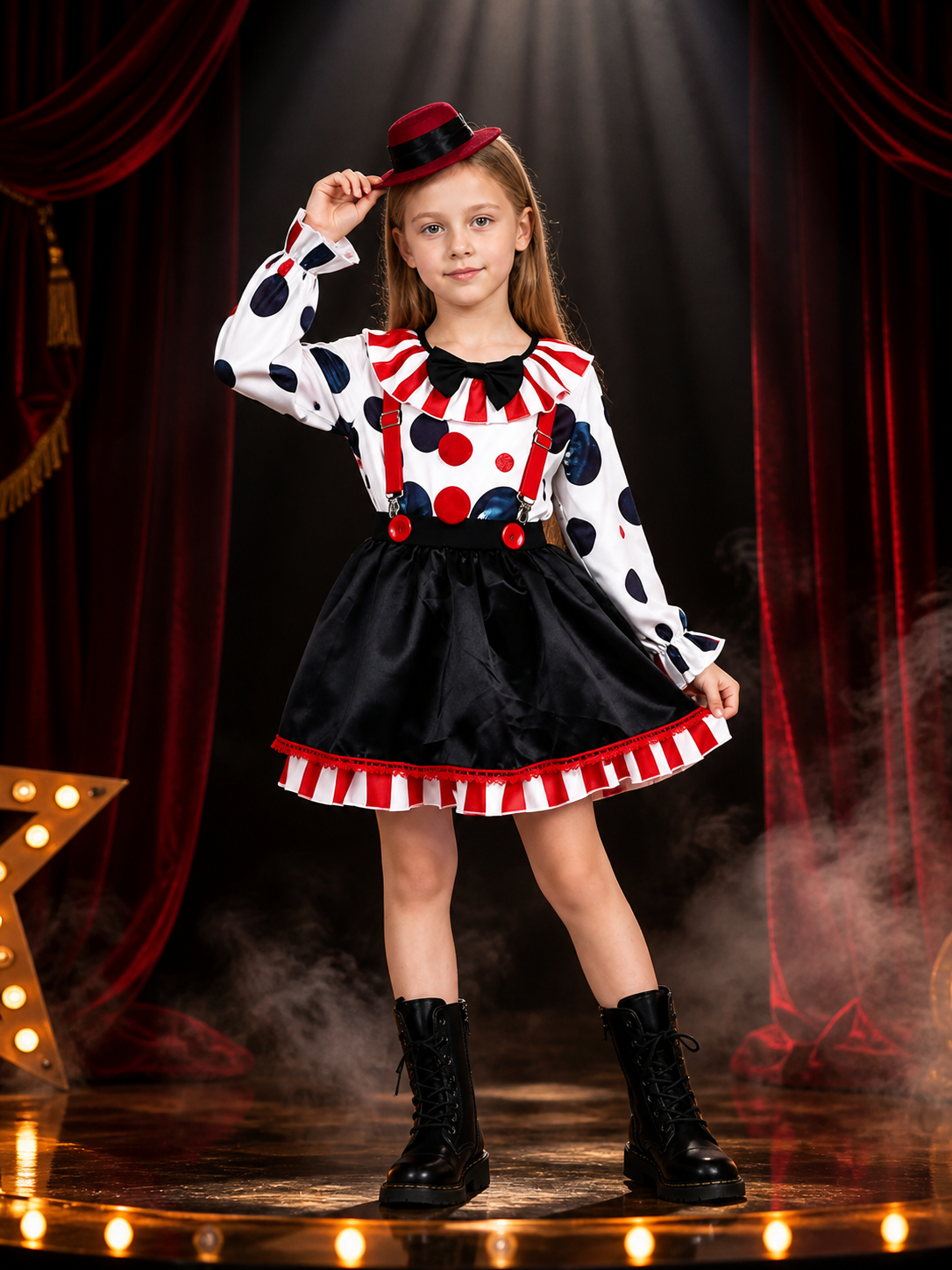 Women's Clown Costume Set, Red White Striped Top with Bow Tie, Skirt and Hat on-model stage scene view