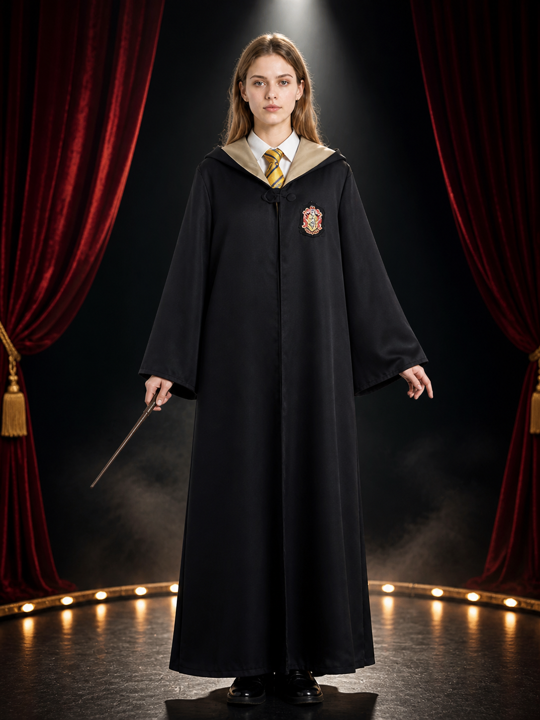 Kids Wizard Hooded Robe Costume Set with Yellow and Dark Blue Striped Tie and Costumes detail 3