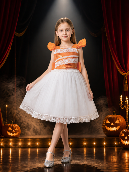 Girls' Orange and White Princess Dress with Puff Sleeves and Lace Trim Costume Dresses detail 3