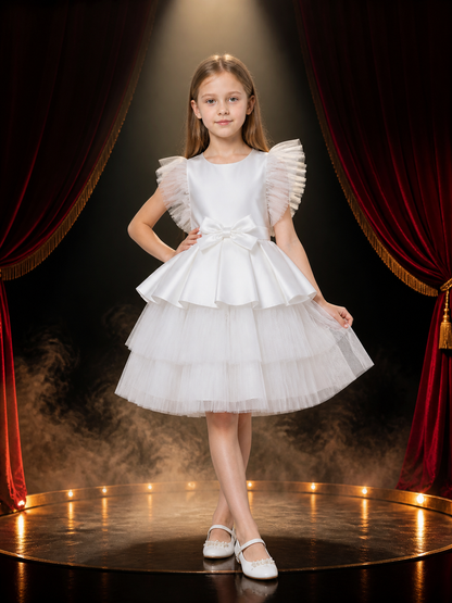 Girls' White Princess Dress, Ruffled Layered Tulle Skirt With Bow Costume Dresses detail 3